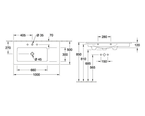 Technische Zeichnung eines Waschtisches mit Maßen.