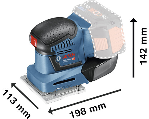 Bosch Logo. Abmessungen des Akku-Vibrationsschleifers: 113 mm x 198 mm x 142 mm.