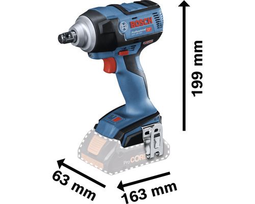 Bosch Akku-Drehschlagschrauber mit den Massen 199 mm Höhe, 63 mm Breite und 163 mm Länge