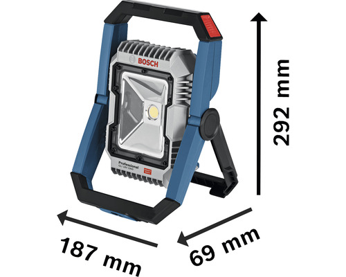 Bosch Arbeitsstrahler mit den Maßen 187 mm Breite, 69 mm Tiefe und 292 mm Höhe.