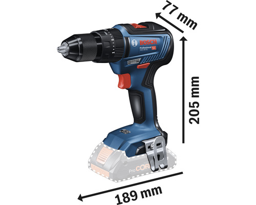 Bosch Professional Akku-Bohrschrauber mit den Maßen 77 mm Breite, 205 mm Höhe und 189 mm Länge