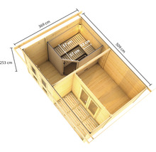 Saunahaus Karibu Sainburga 5 Set B inkl. 9 kW Ofen u.ext. Steuerung mit Vorraum, Fenster und Holztüre mit Klarglas