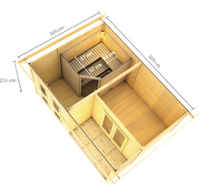 Saunahaus Karibu Sainburga 5 Set B inkl. 9 kW Bio Ofen u.ext. Steuerung mit Vorraum, Fenster und Holztüre mit Klarglas