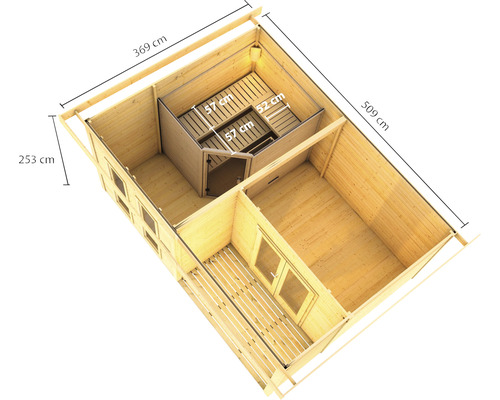 Grundriss einer Holzsauna mit Maßangaben