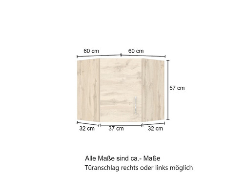 Eckoberschrank mit Maßangaben