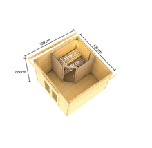 Saunahaus Karibu Sainburga 1 Set A inkl. 9 kW Ofen u.ext. Steuerung mit Vorraum und Holztüre mit Klarglas