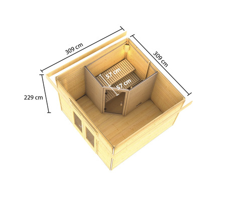 Draufsicht eines Holzgartenhauses mit Sauna und Maßangaben