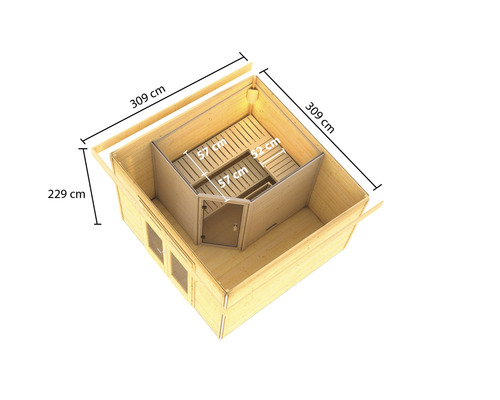 Draufsicht einer Gartensauna mit den Maßen 309 mal 309 mal 229 Zentimeter