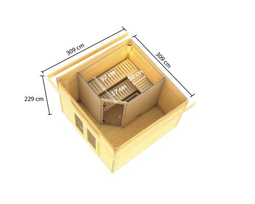 Holzsauna mit den Maßen 309 x 309 x 229 Zentimeter