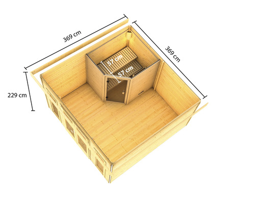 Draufsicht eines Holzgartenhauses mit Sauna und Maßangaben: 229 cm Höhe, 369 cm Länge und 57 cm Saunabänke.