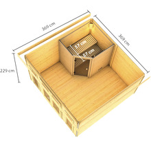Saunahaus Karibu Sainburga 3 Set A inkl. 9 kW Bio Ofen u.ext. Steuerung mit Vorraum, Fenster und Holztüre mit Klarglas terragrau/weiß