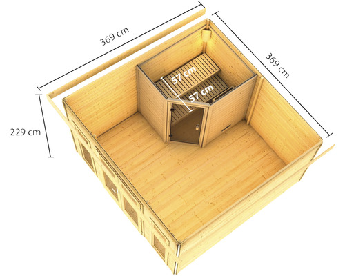 Illustration einer Holzblocksauna mit Maßangaben