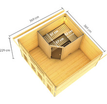 Saunahaus Karibu Sainburga 3 Set B ohne Ofen mit Vorraum, Fenster und Holztüre mit Klarglas