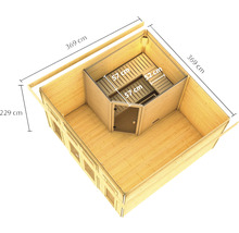 Saunahaus Karibu Sainburga 3 Set B inkl. 9 kW Bio Ofen u.ext. Steuerung mit Vorraum, Fenster und Holztüre mit Klarglas