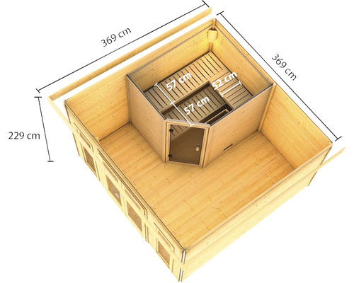 Draufsicht einer Gartensauna mit den Maßen 369 mal 369 mal 229 Zentimeter.