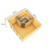 Saunahaus Karibu Sainburga 3 Set B inkl. 9 kW Bio Ofen u.ext. Steuerung mit Vorraum, Fenster und Holztüre mit Klarglas terragrau/weiß