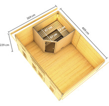 Saunahaus Karibu Sainburga 4 Set B inkl. 9 kW Ofen u.ext. Steuerung mit Vorraum, Fenster und Holztüre mit Klarglas