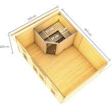 Saunahaus Karibu Sainburga 4 Set B inkl. 9 kW Bio Ofen u.ext. Steuerung mit Vorraum, Fenster und Holztüre mit Klarglas