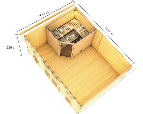 Illustration eines Holzgartenhauses mit integrierter Sauna und Maßangaben.