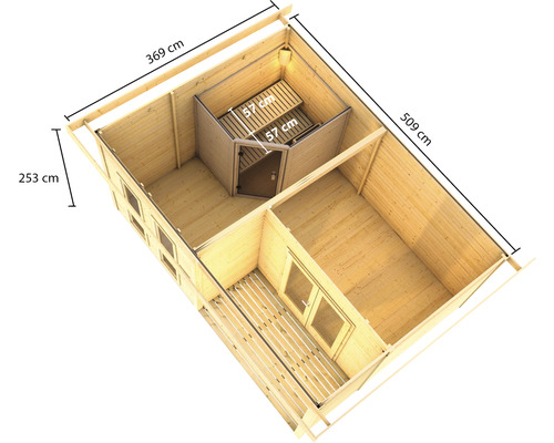 Grundriss eines Holzhauses mit Sauna und den Maßen 369 cm Länge, 509 cm Breite und 253 cm Höhe.