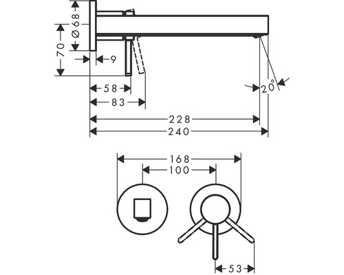 Technische Zeichnung einer Armatur mit Maßangaben