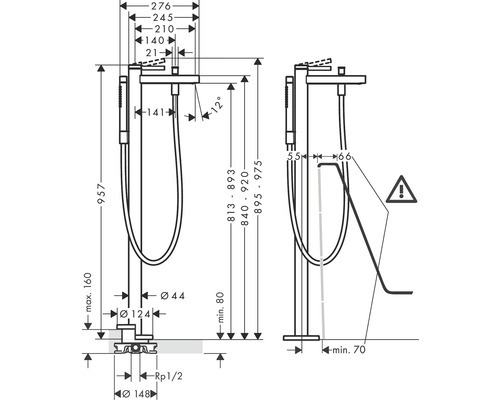 Maßzeichnung einer freistehenden Badewannenarmatur mit Handbrause