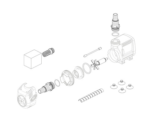 Explosionszeichnung einer Teichpumpe mit Einzelteilen