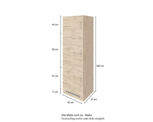 Hoher Küchenschrank mit drei Türen und Griffen, Maße 60 x 57 x 200 cm