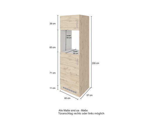 Küchenschrank mit Nische und Maßangaben