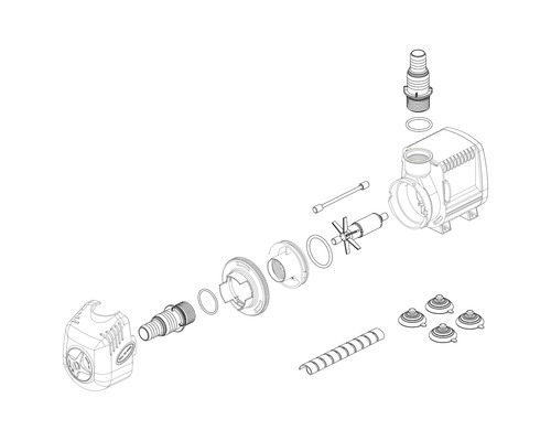 Explosionszeichnung einer Teichpumpe mit Zubehör
