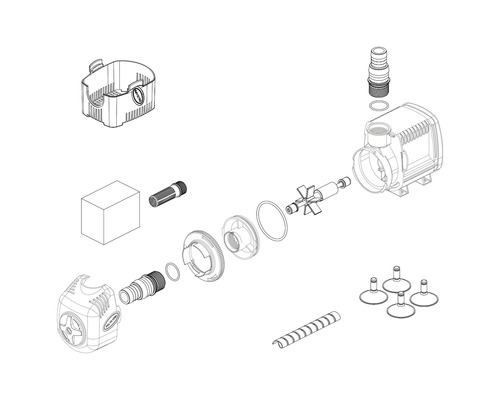 Explosionszeichnung einer Teichpumpe mit Einzelteilen