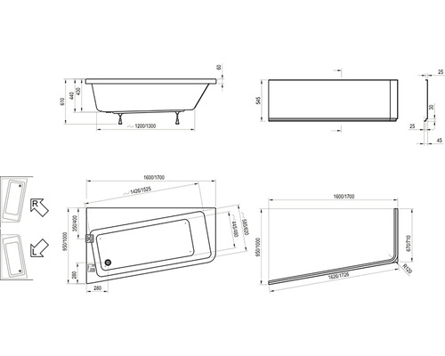 Technische Zeichnung einer Badewanne mit Maßen