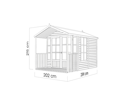 Abbildung eines Gartenhauses mit den Maßen 215 cm Höhe, 202 cm Breite und 291 cm Länge