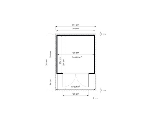 Grundrisszeichnung mit Abmessungen eines Gartenhauses