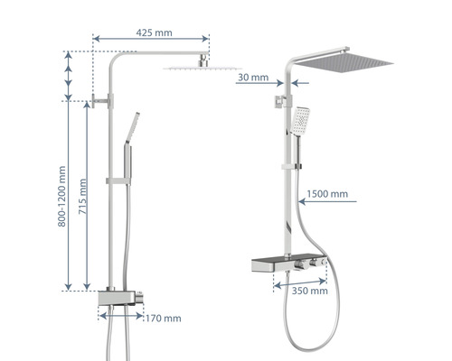 Abmessungen eines Duschpaneels mit Kopfbrause und Handbrause