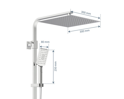 Duschsystem mit Kopfbrause und Handbrause mit Maßangaben