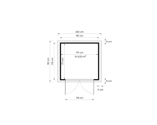Grundriss eines Gartenhauses mit Maßangaben
