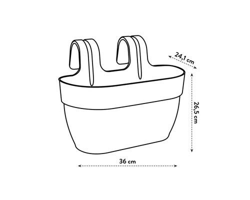 Abbildung eines Balkonkastens mit den Maßen 36 cm Breite, 24,1 cm Tiefe und 26,5 cm Höhe.