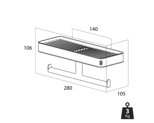 Technische Zeichnung eines Wandregals mit Handtuchhalter und Maßangaben