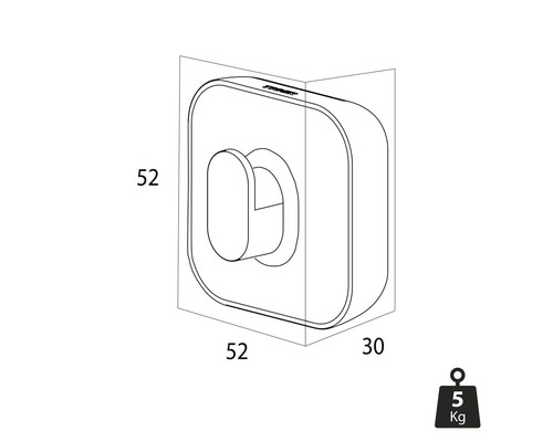 Einzelner Wandhaken mit den Maßen 52 x 52 x 30 mm und einer Traglast von 5 kg.