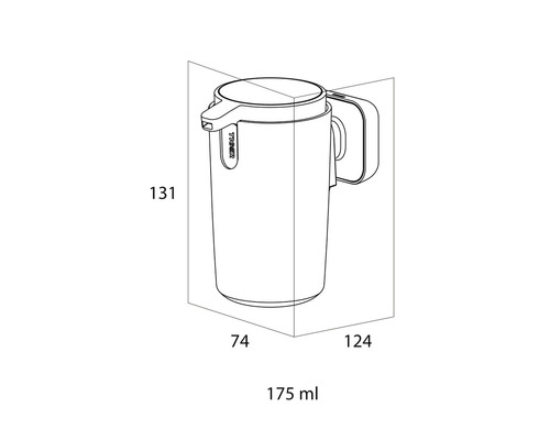 Technische Zeichnung eines Seifenspenders mit Maßangaben