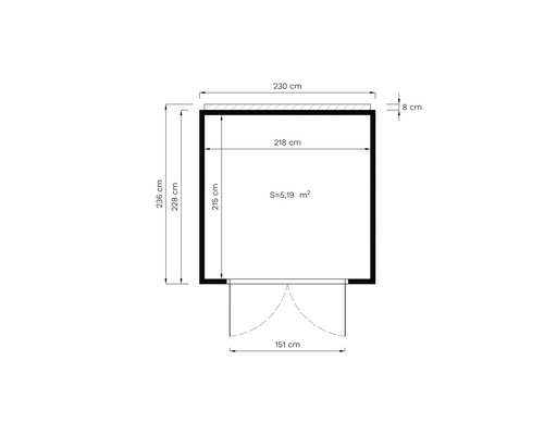 Grundrisszeichnung mit den Maßen 230 Zentimeter Breite, 236 Zentimeter Höhe und 5,19 Quadratmeter Fläche