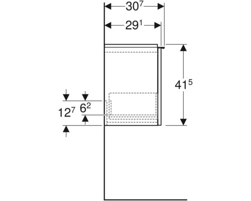 Technische Zeichnung eines Badezimmer-Unterschranks mit Maßangaben