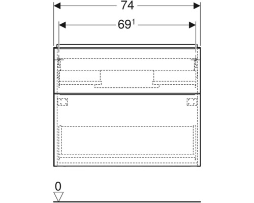 Technische Zeichnung eines Waschtischunterschranks mit Maßangaben