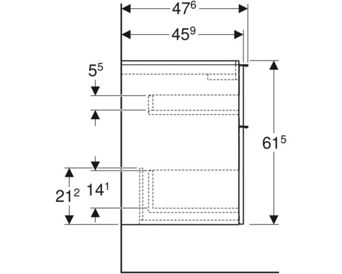 Technische Zeichnung eines Badezimmerunterschranks mit Maßangaben