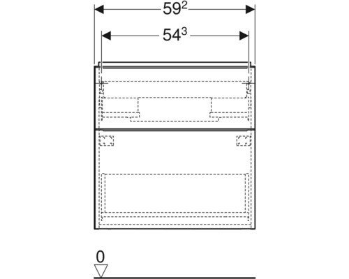 Technische Zeichnung eines Badezimmer-Waschtischunterschranks mit Maßangaben