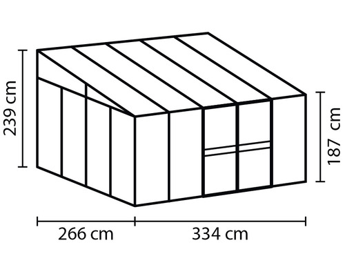 Abbildung eines Gewächshauses mit den Maßen 239 cm Höhe, 266 cm Länge, 334 cm Länge und 187 cm Höhe.