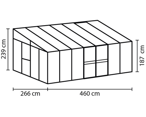 Abbildung eines Gewächshauses mit den Maßen 266 cm, 460 cm, 239 cm und 187 cm.