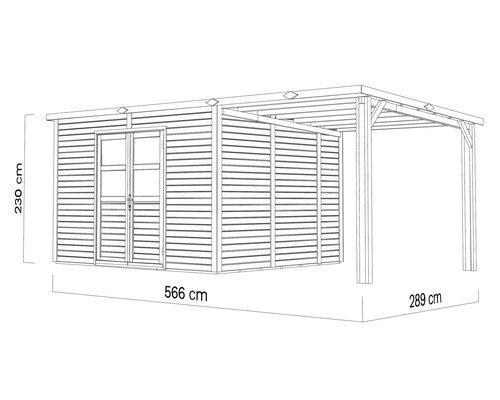 Illustration eines Gartenhauses mit einer Breite von 566 cm, einer Höhe von 230 cm und einem angrenzenden Carport mit einer Breite von 289 cm.