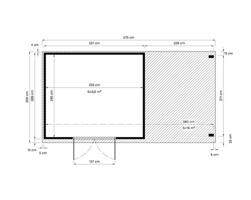 Grundrisszeichnung mit Maßangaben für ein Gebäude